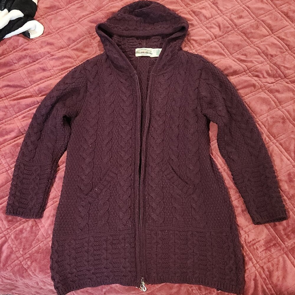 Hooded Cardigan Aran Crafts Wine Cable Knit Merino Wool 2way Zip Sweater S - Picture 2 of 11